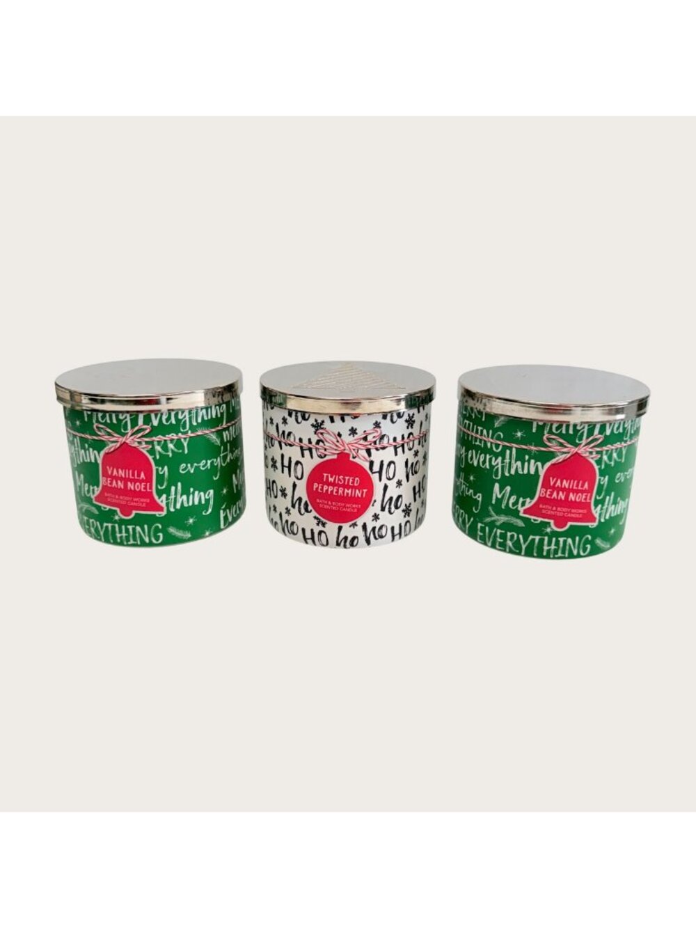 Bath & Body Works 3-Wick Scented Candle Lot Vanilla Bean Noel Twisted Peppermint